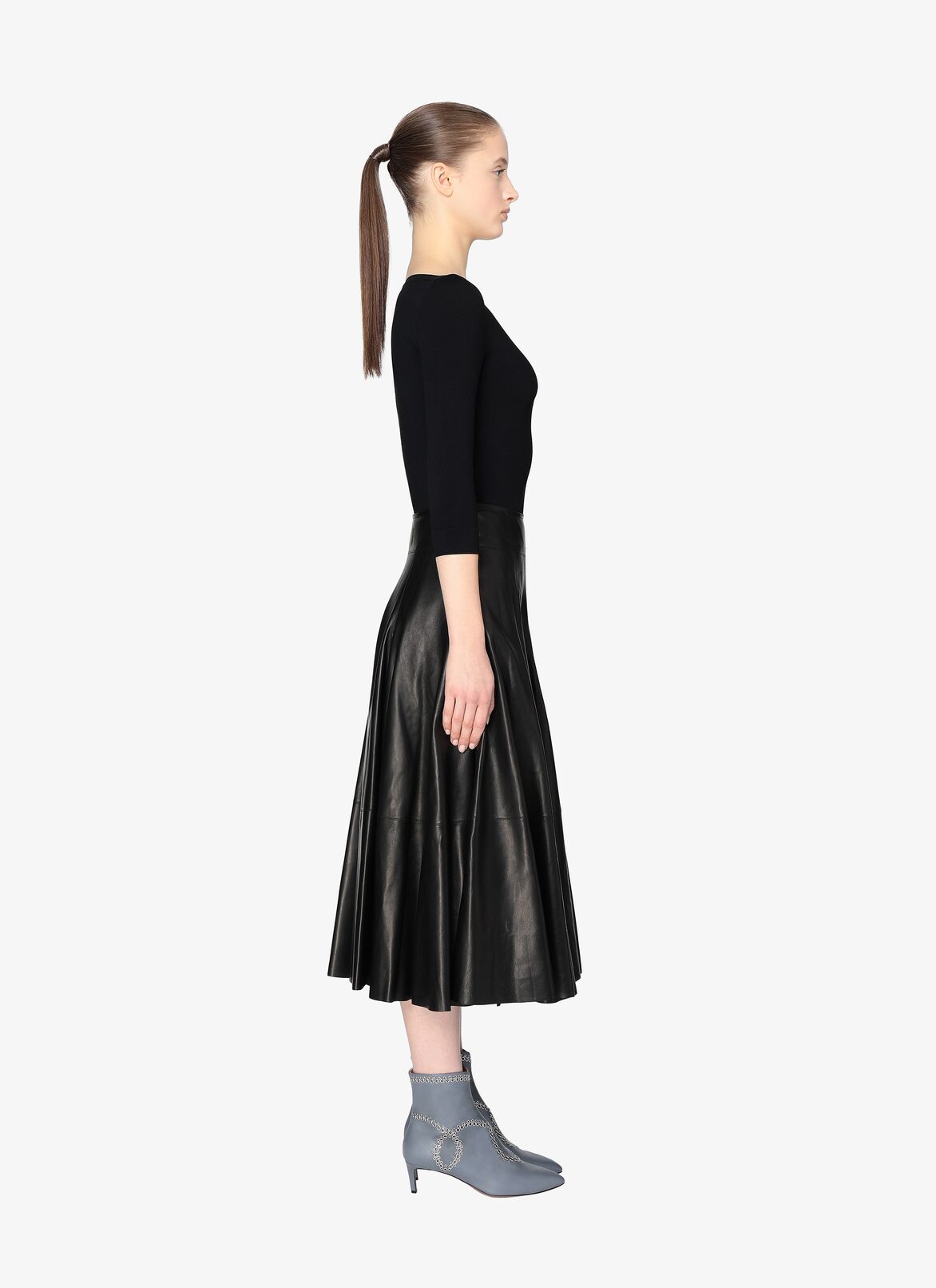 Long Flared Leather Skirt ALAÏA BLACK LONG FLARED LEATHER SKIRT